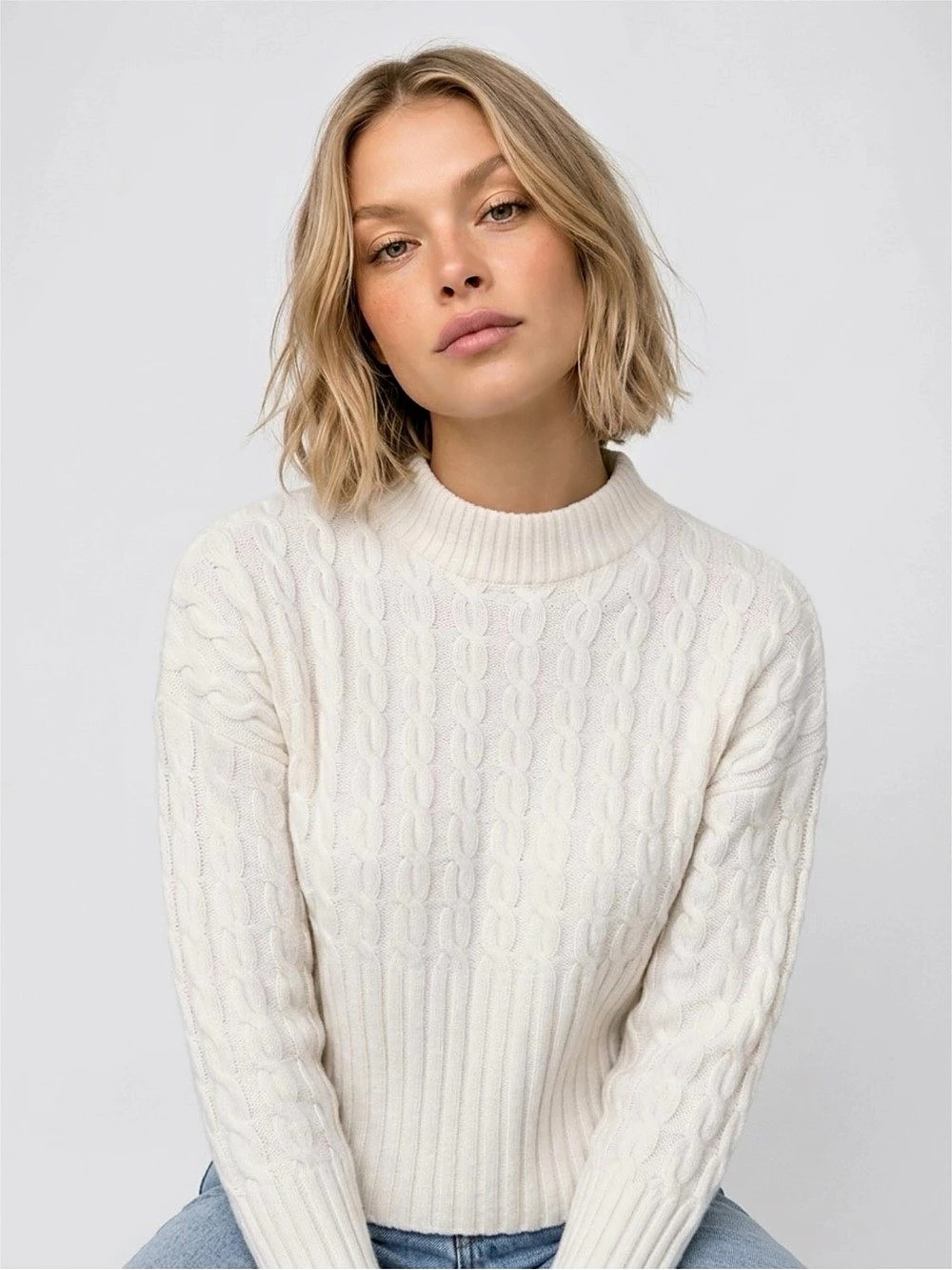 Jason Wu Mock Neck Cable Knit Crop Sweater White Medium